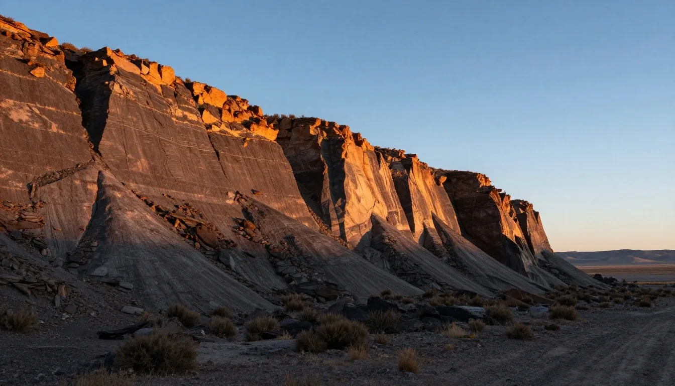 Afloramiento de roca de la formación Vaca Muerta en la meseta patagónica al atardecer