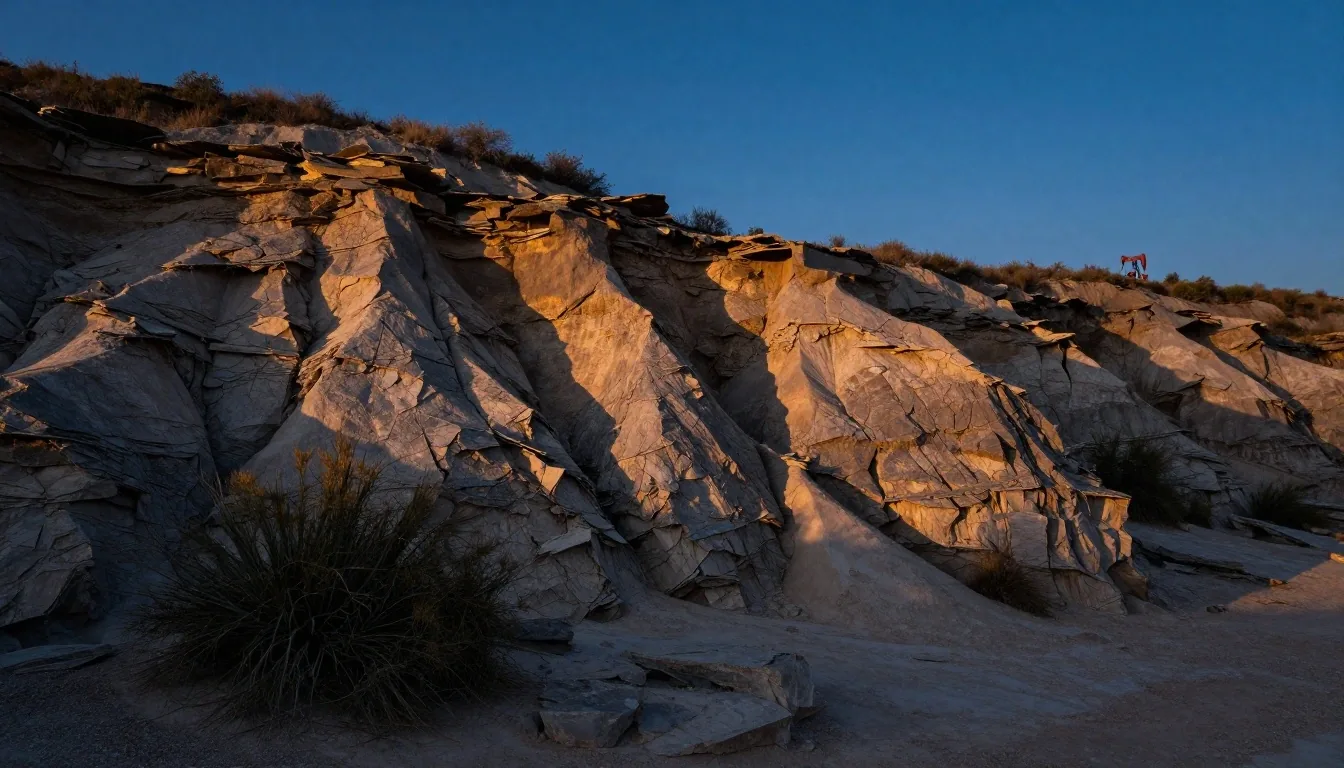 Afloramiento de roca de la formación Vaca Muerta en Patagonia al atardecer con equipo de perforación en el horizonte