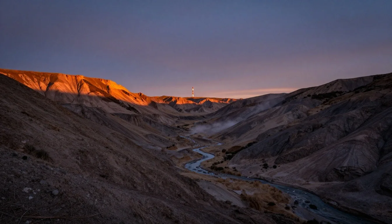 Afloramiento de roca de Vaca Muerta en la meseta patagónica al atardecer con equipo de perforación a lo lejos