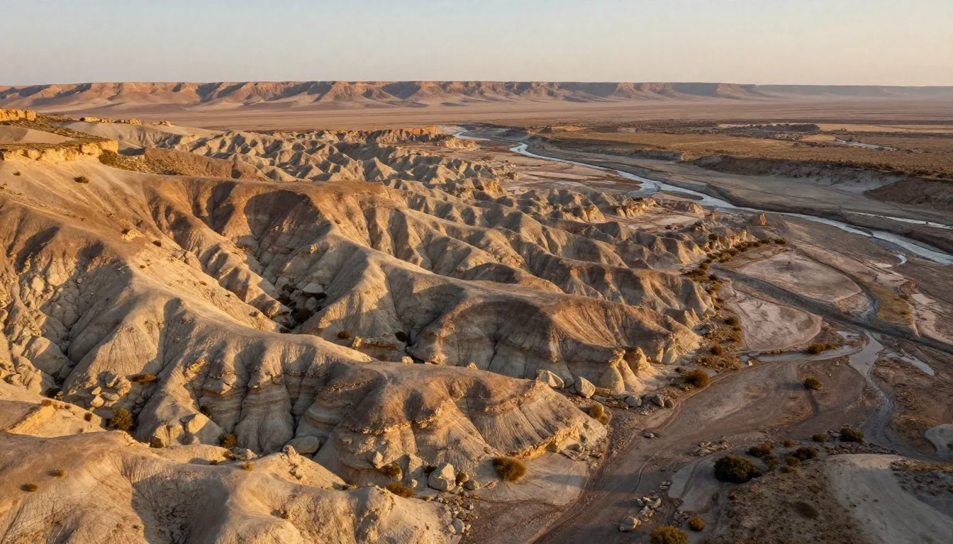 Vista aérea de estratos sedimentarios en la cuenca del Neuquén al atardecer