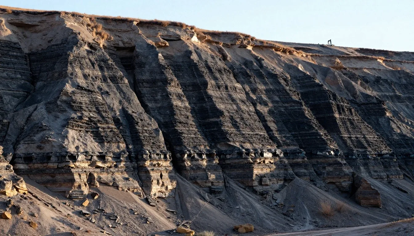 Afloramiento de roca de Vaca Muerta en la meseta patagónica al atardecer