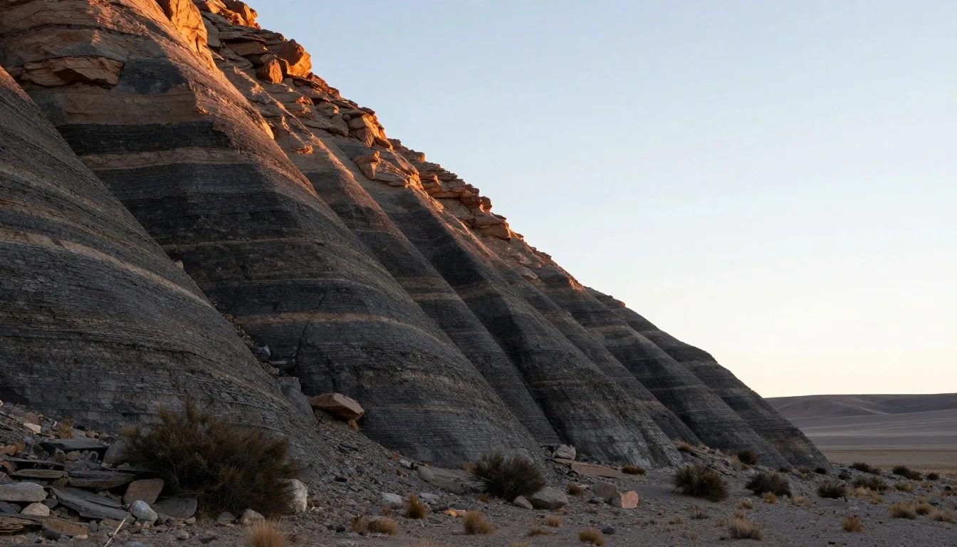 Afloramiento de roca sedimentaria de Vaca Muerta al atardecer en la Patagonia